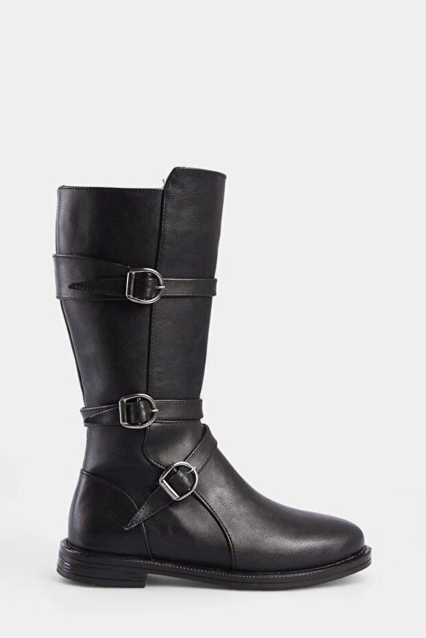 Black Side Zipper Rubber Sole Buckle Round Toe Short Women's Boots