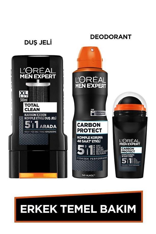 Erkek Temel Bakım Seti Total Clean Kömürlü Duş Jeli 300 Ml + Carbon Protect Deodorant + Roll On - 1