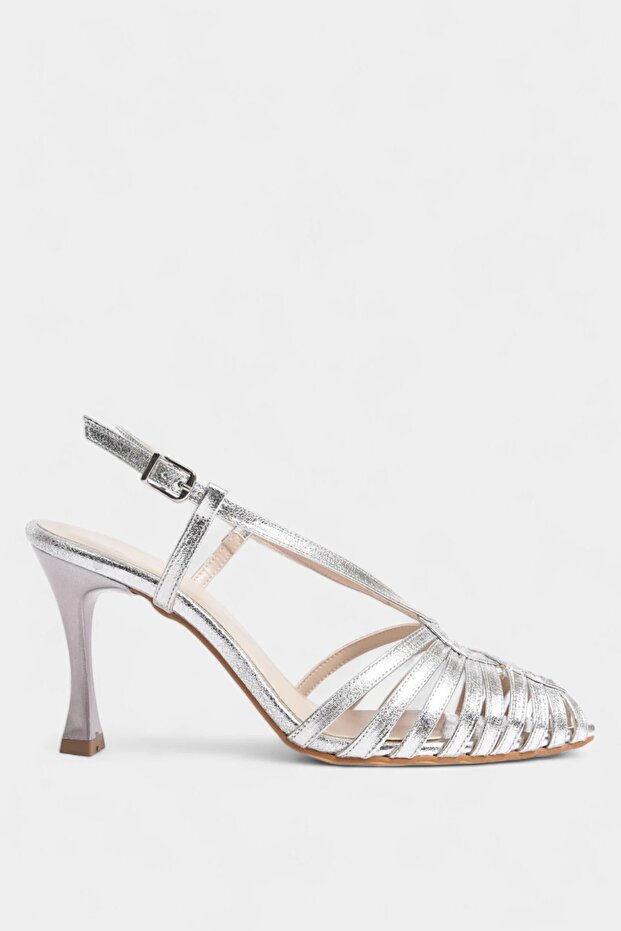 Silver Ankle-Tie Shiny Cage Women's Evening Shoes