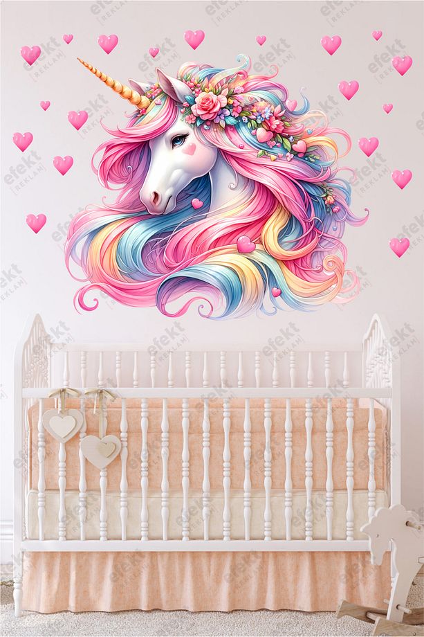 Unicorn ve Kalpler Çocuk Odası Kapı-Duvar Yapışkanlı Sticker Seti - 6