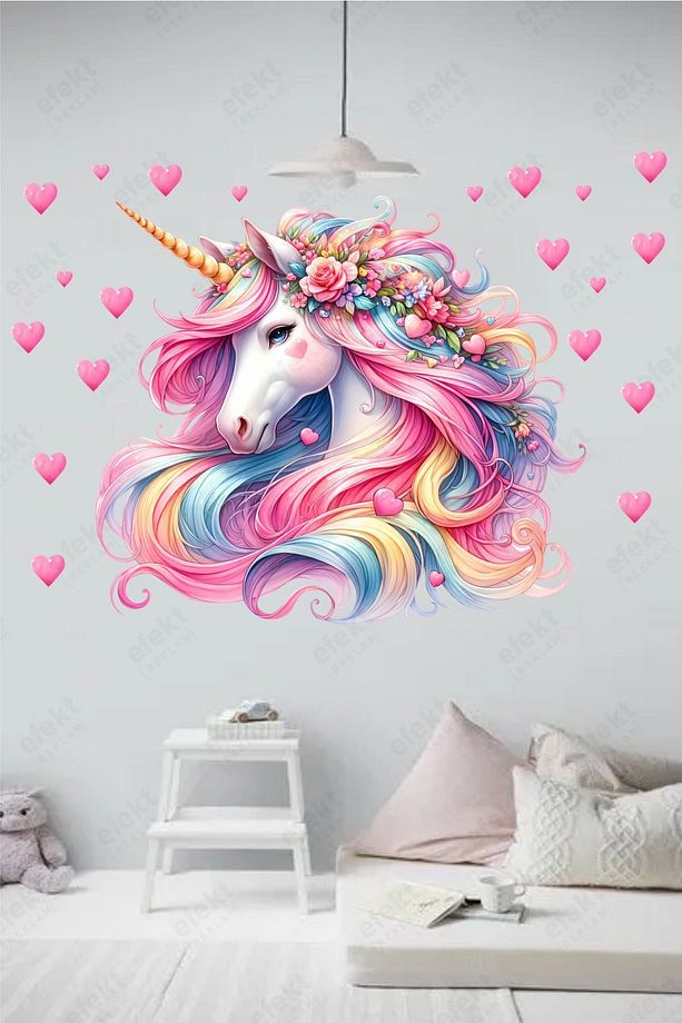 Unicorn ve Kalpler Çocuk Odası Kapı-Duvar Yapışkanlı Sticker Seti - 2
