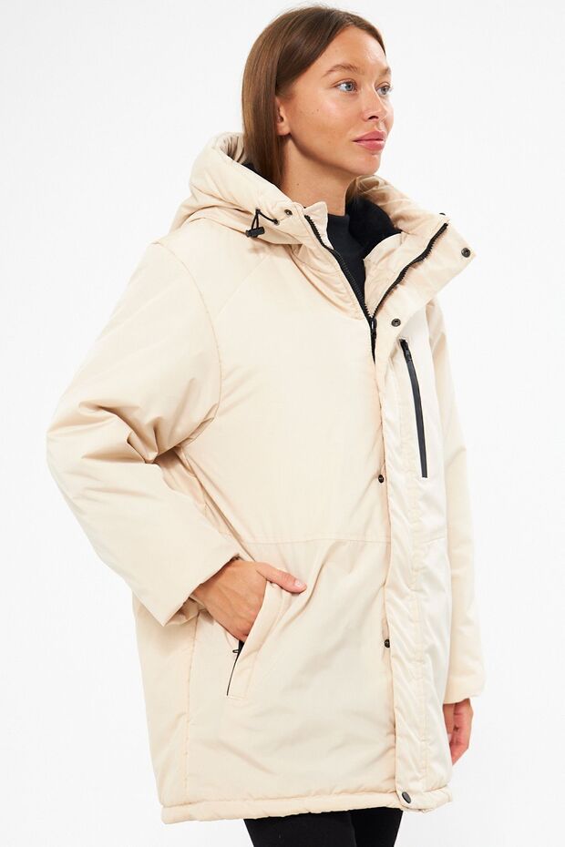 Beiger Damen-Sportmantel – winddicht, mit Kapuze, Winterparka - 5