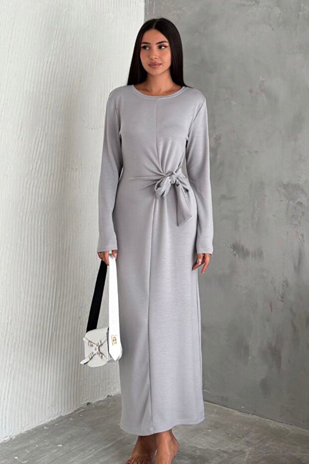 Women's Long Sleeve Long Modal Dress with Tie Front Detail