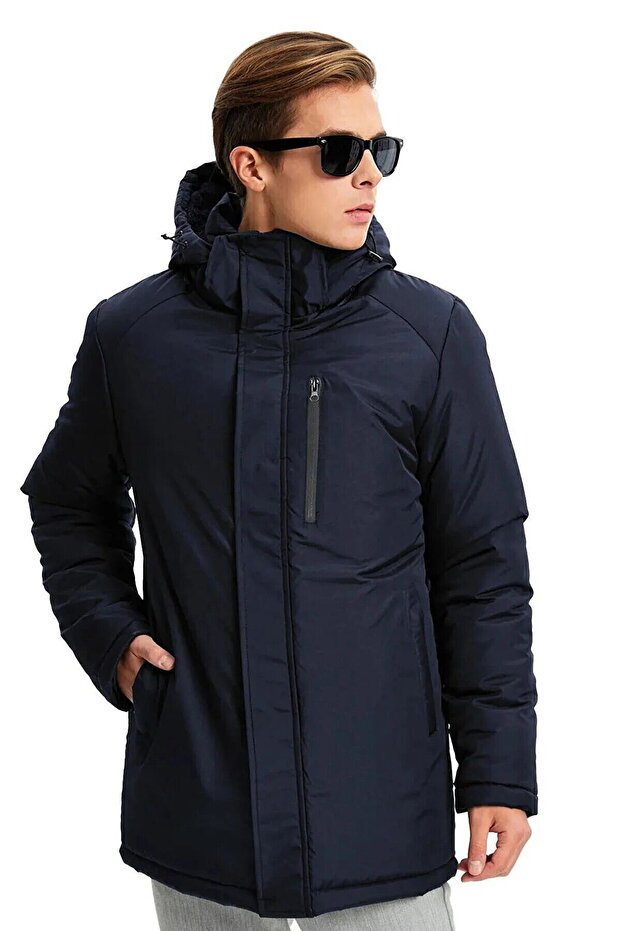Men's Navy Blue Hooded Windproof Winter Coat & Coat & Parka