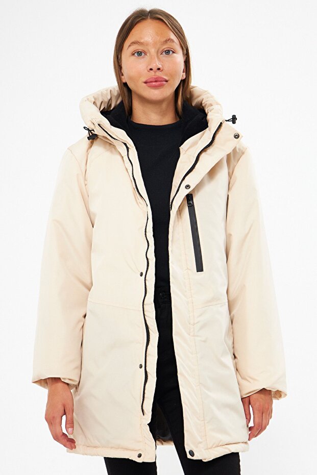 Beiger Damen-Sportmantel – winddicht, mit Kapuze, Winterparka - 6