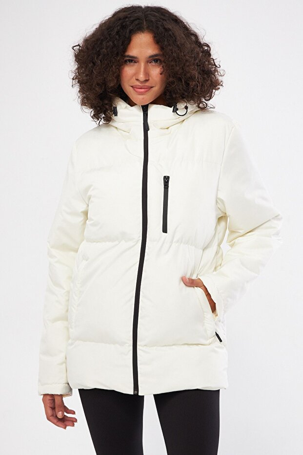 Women Beige Fiber-Filled Hooded Windproof Puffer Winter Coat
