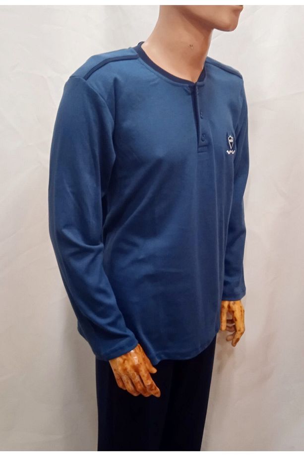 Erkek Mavi Pamuklu 3 Düğmeli Tek Pijama Üstü Pamuklu - 4