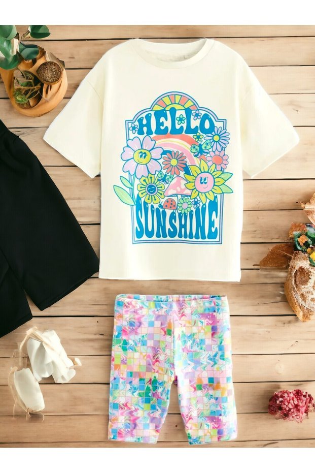 New Season Girl's Sunflower Text Print Pattern T-shirt Biker Leggings Set