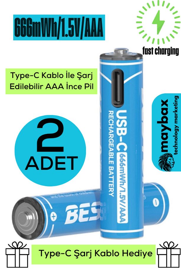 USB Type-C Kablo ile Şarj Edilebilir Lityum 2'li Ince Beston Pil 1.5V Aaa 666 Mwh 150 mAh - 1