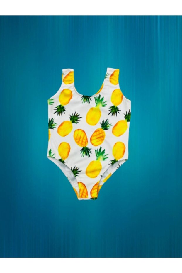 Girl's Pineapple Theme Yellow and White Strappy Swimsuit