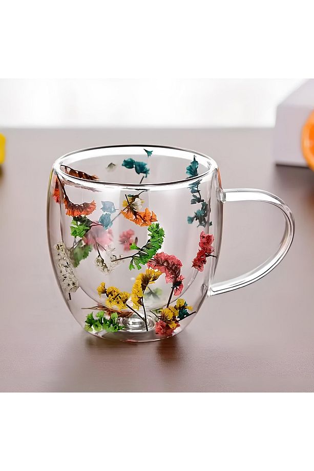 Borosilikat Çift Çidarlı Çiçekli Yeni Kahve Sunum Bardağı - 3