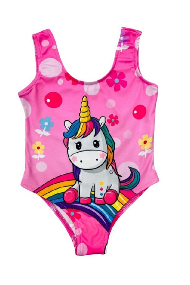 Kız Çocuk Çiçek Sevimli Unicorn Temalı Pembe Renk Askılı Mayo - 2