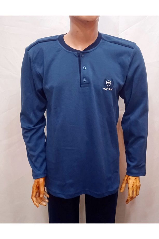 Erkek Mavi Pamuklu 3 Düğmeli Tek Pijama Üstü Pamuklu - 1