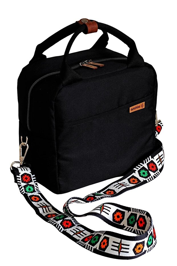 Black Waterproof Thermal Food Carrying Bag Lunch Box with Pattern and Black Shoulder Strap