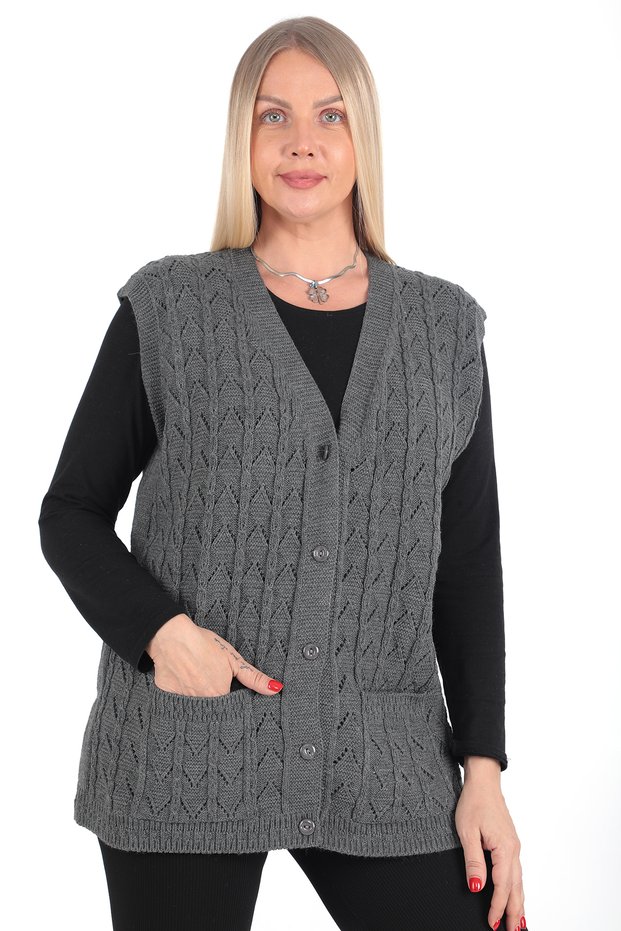 Women's V-Neck Winter Thick Wool Chain Modeled Knitwear Buttoned Pocket Mother Vest