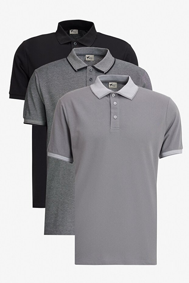 Erkek Siyah-açık Siyah-gri 3'lü Çekmeyen Pamuklu Slim Fit Dar Kesim Kıvrılmaz Polo Yaka Tişört - 1