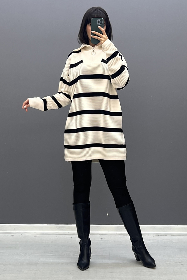 Zipper Collar Striped Knitwear Sweater Sk-8319