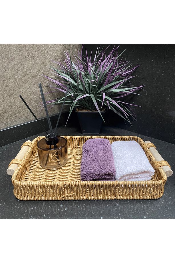 Hasır Rattan Ahşap Kulplu Dikdörtgen Tepsi Sunum 3'lü Set Organizer - 5