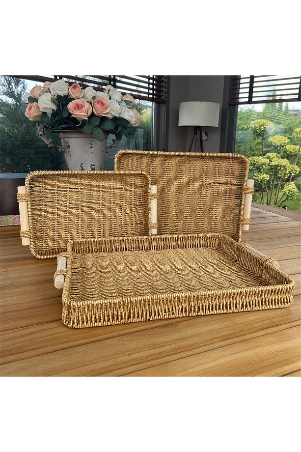 Hasır Rattan Ahşap Kulplu Dikdörtgen Tepsi Sunum 3'lü Set Organizer - 1