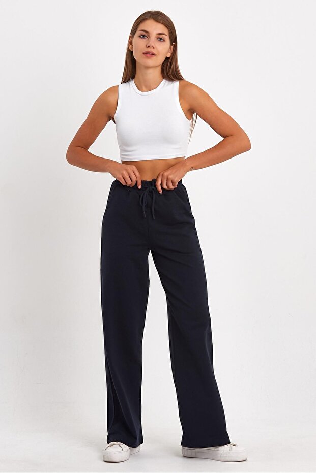 Women's Seasonal Loose Wide Comfortable Leg Navy Blue Sweatpants with Side Pockets