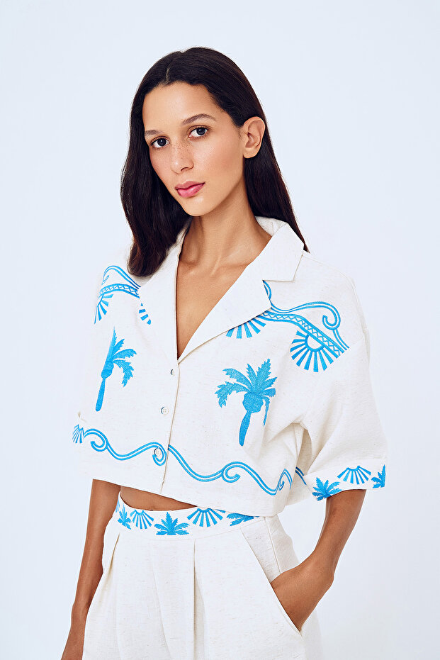Natural Embroidery Printed Crop Shirt