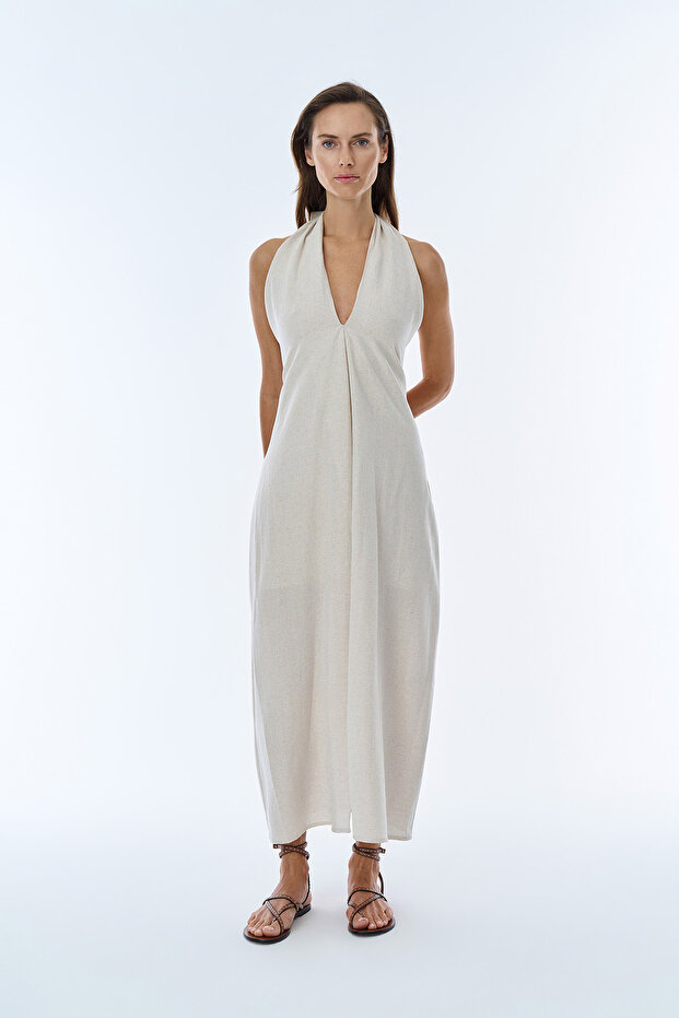 Halter Neck Slit Linen Dress Natural