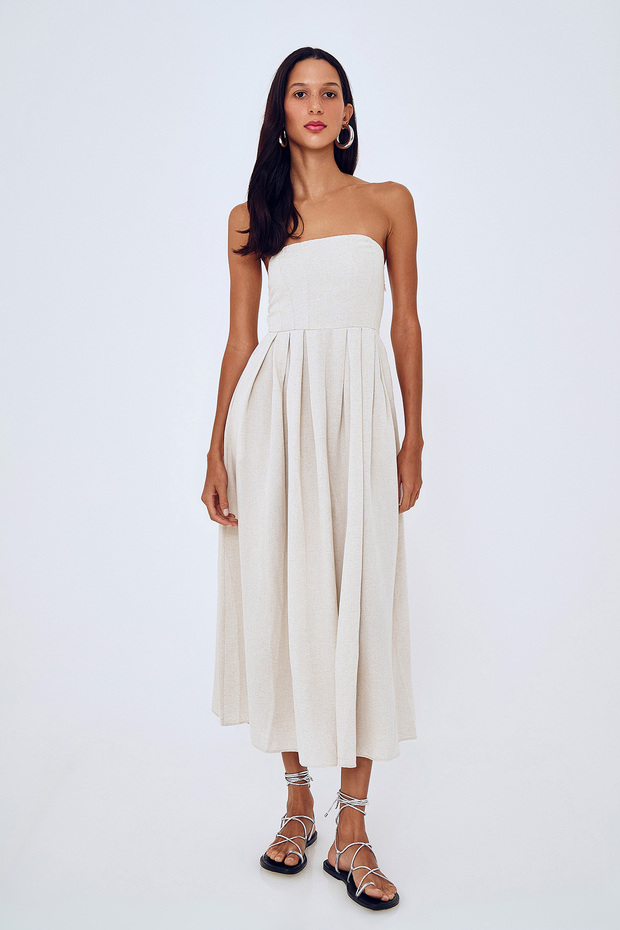 Strapless Detailed Long Linen Dress Natural