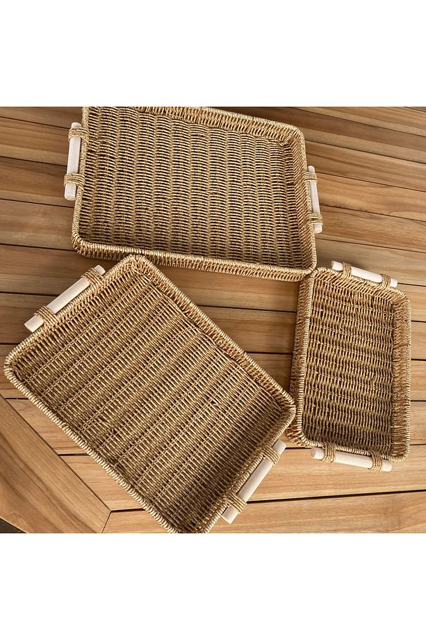 Hasır Rattan Ahşap Kulplu Dikdörtgen Tepsi Sunum 3'lü Set Organizer - 6
