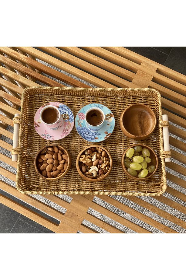 Hasır Rattan Ahşap Kulplu Dikdörtgen Tepsi Sunum 3'lü Set Organizer - 4