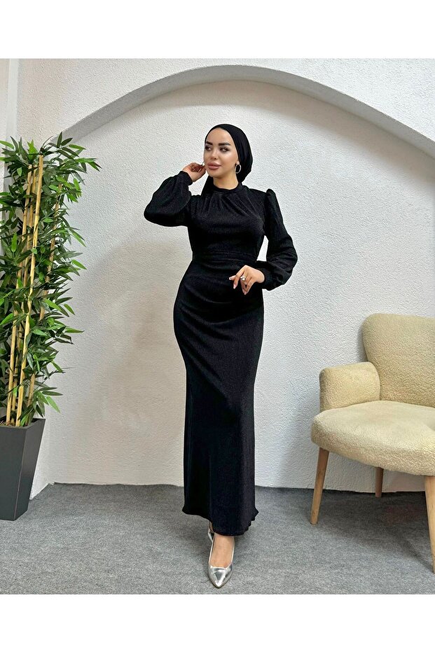 Simli Belden Drapeli Tesettür Abiye - 1