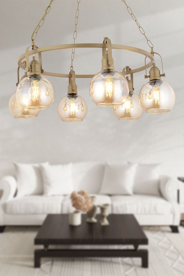 Cherish 6'lı Yuvarlak Eskitme Bal Camlı Modern Oturma Odası Salon Avize - 1