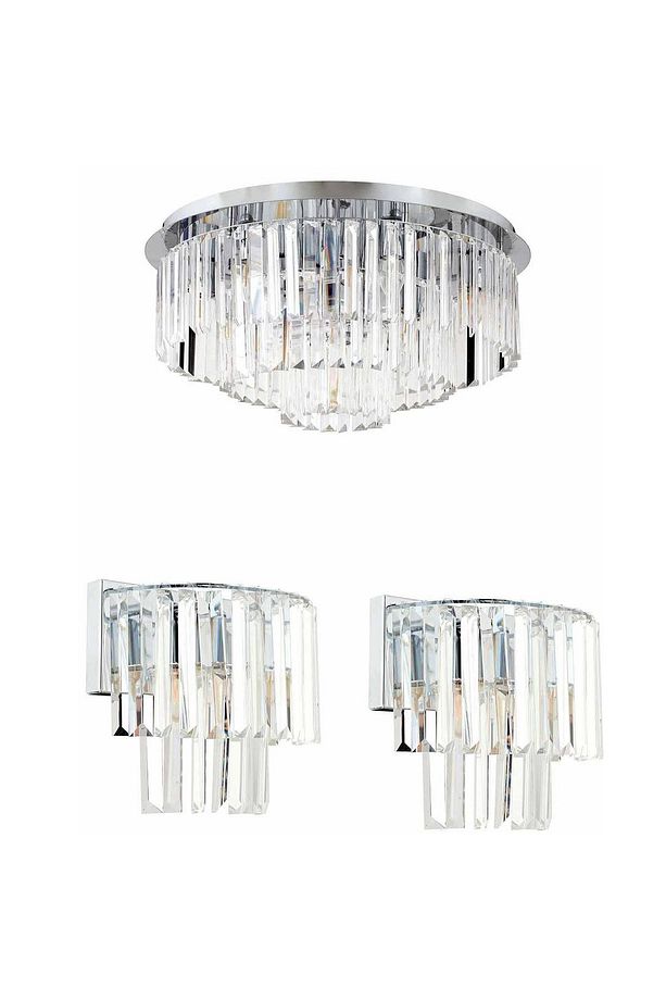 Nilüfer Yuvarlak Krom 3 Parça Kristalli Taşlı Modern Tasarım Kristal Salon Avize-Aplik Seti - 1