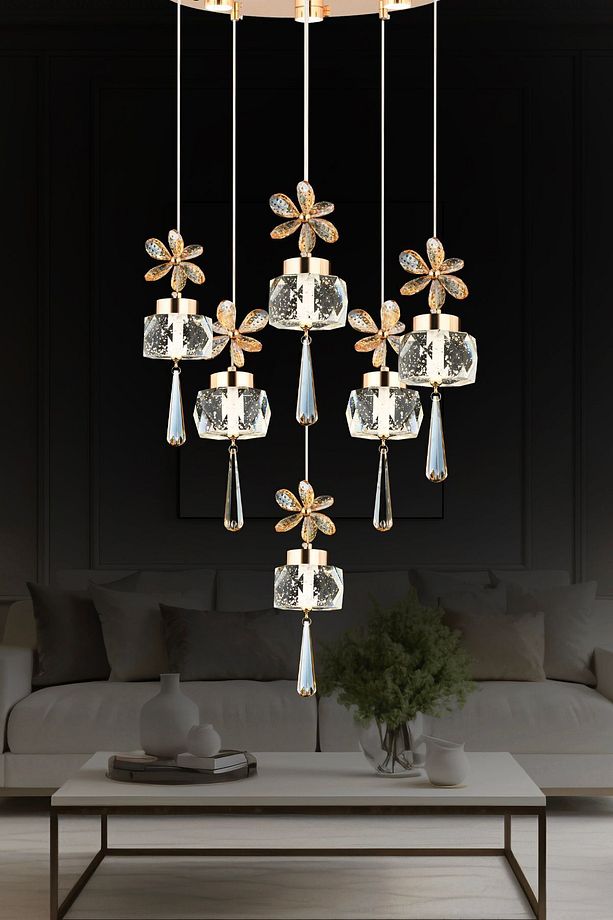 Amaris 6'lı Yuvarlak Gold Kelebek Led Avize Kristal Ledli Modern Oturma Odası Büyük Salon Sarkıt - 6