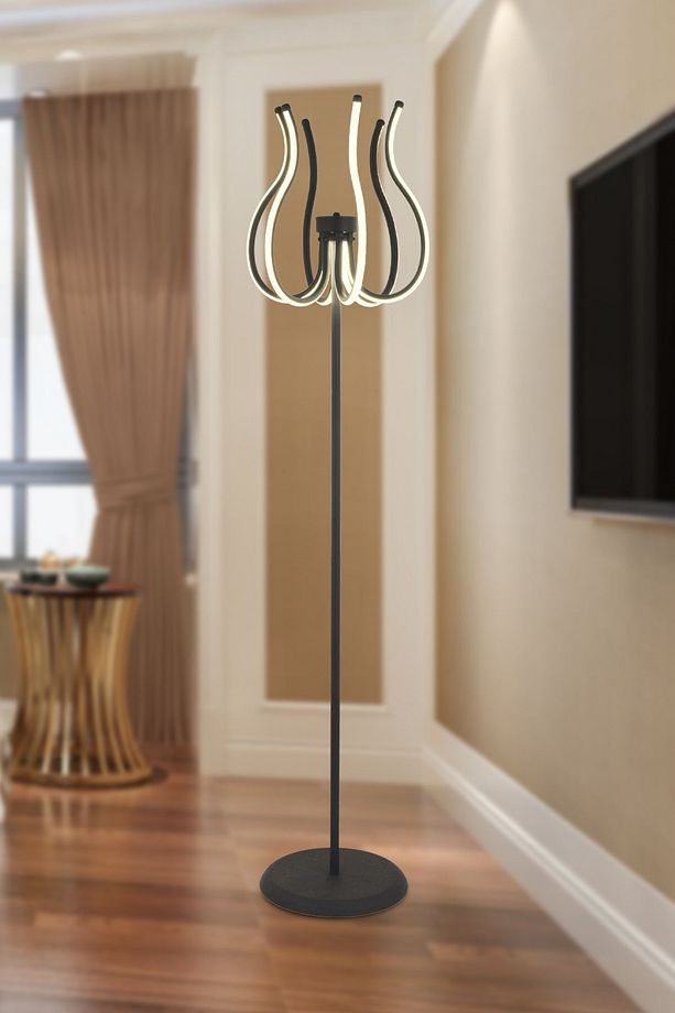 Lenora Siyah Modern Tasarım Salon Ledli Metal Lambader - 1