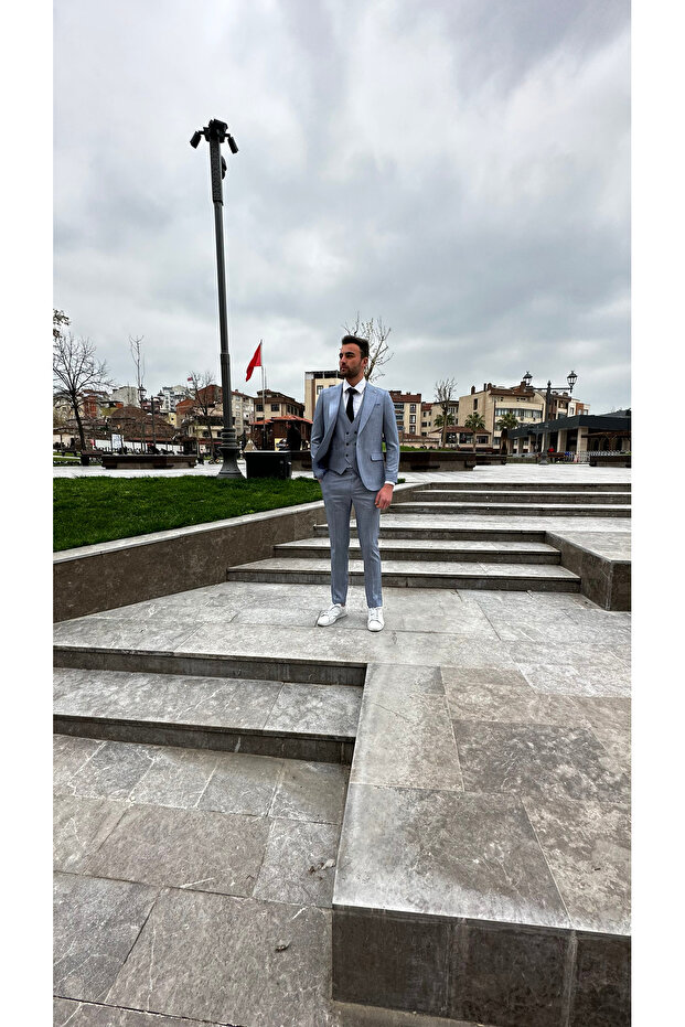Mavi Doku Kumaştan Erkek Yelekli Spor Rahat Takım Elbise - 2