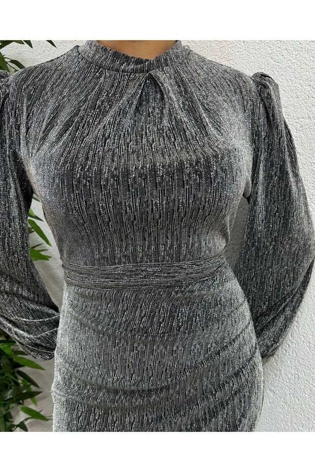 Simli Belden Drapeli Tesettür Abiye - 3