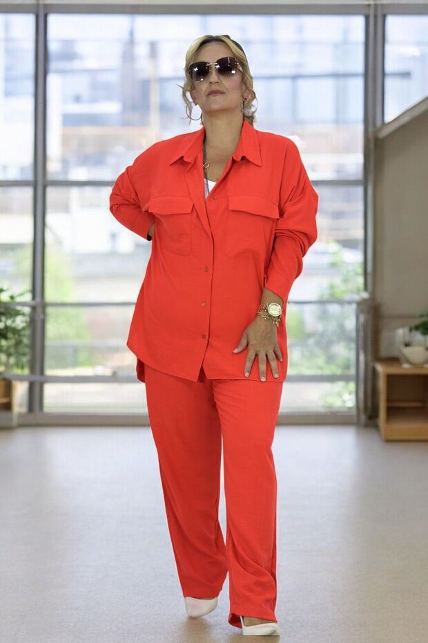 COTTON Viscose Button-Front Pocketed SHIRT AND PLUS SIZE ELASTIC WAIST DRAWSTRING PANTS TWO-PIECE SET