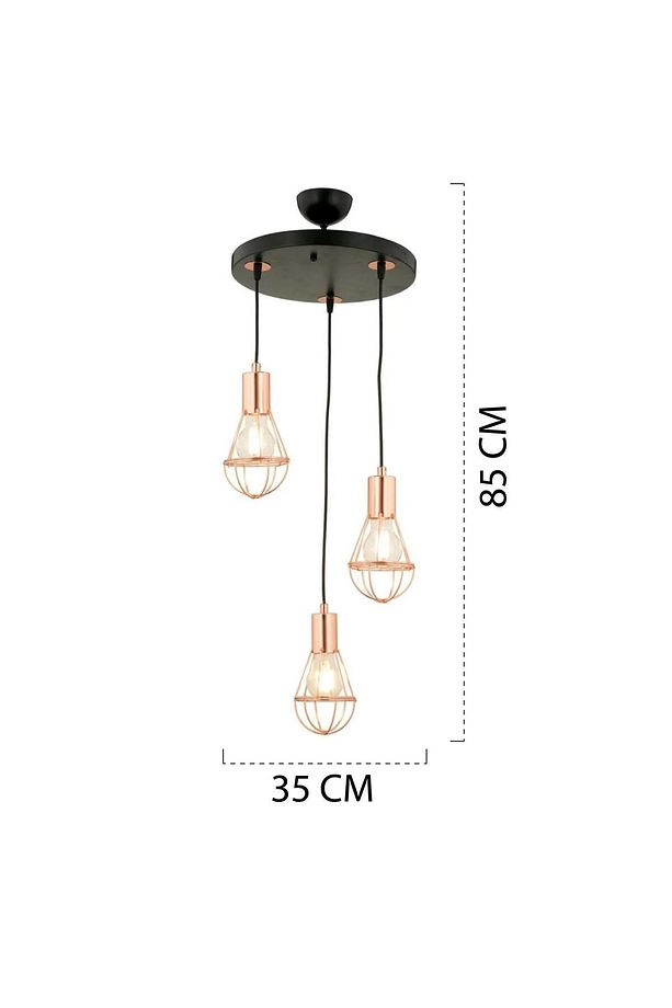CİRİ 3 LÜ YUVARLAK BAKIR KAPLAMA TEL SARKIT MODERN AVİZE - 8