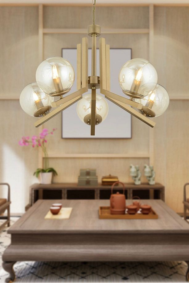 Mikel 5 Lü Eskitme Boyalı Bal Camlı Modern Retro Sarkıt Yatak Odası Salon Avize - 1