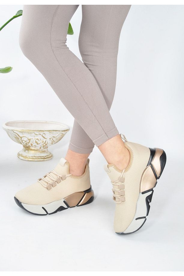 Günlük Bej-multi Kadın Sneaker Bağcıklı Triko Esnek Hafif Ve Kalın Tabanlı Yürüyüş Spor Ayakkabı - 1