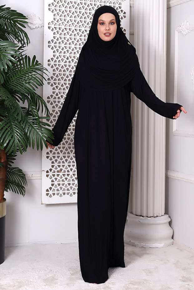 One-Piece Practical Prayer Dress with Headscarf and Robe 8015 Black