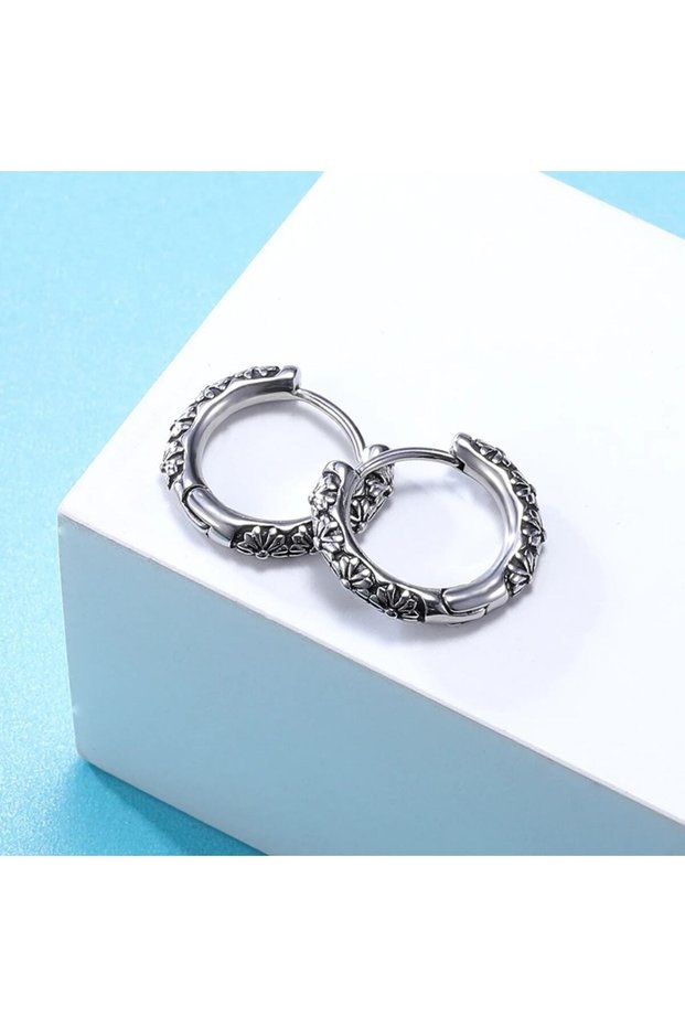 Aztec Flower Patterned Vintage Men's Hoop Snap 316l Steel Earrings (pair)