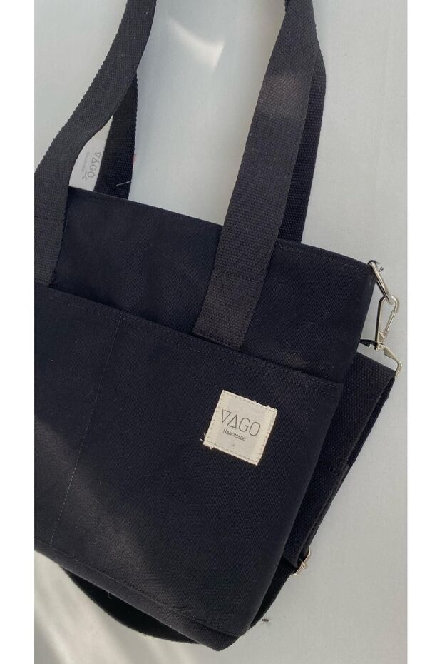 Siyah Kolej Kanvas Çanta - 6