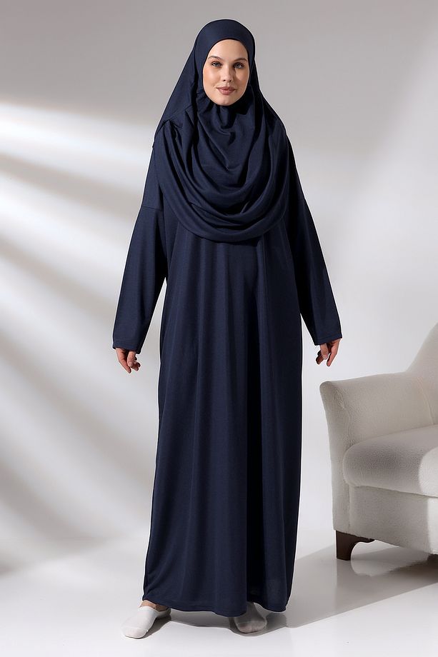 Lacivert Tek Parça Çantalı Namaz Elbisesi - 3