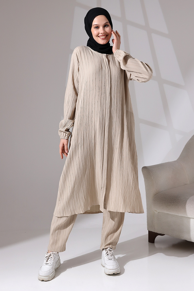 Women's Wrinkled Fabric Hidden Zipper Double Set Hac Umre Outfit Beige