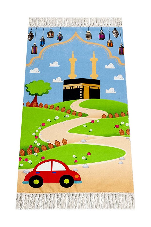 Digital Printed Children's Prayer Rug - With Kabeli Car - 44 X 78 Cm
