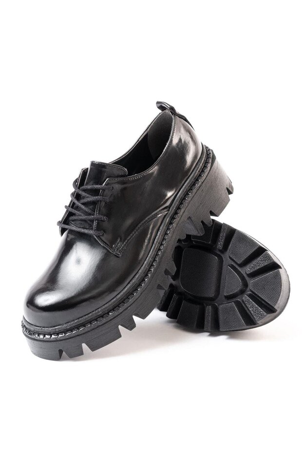 868-754 Black Patent Leather Laced Daily High-Sole Loafer Shoes