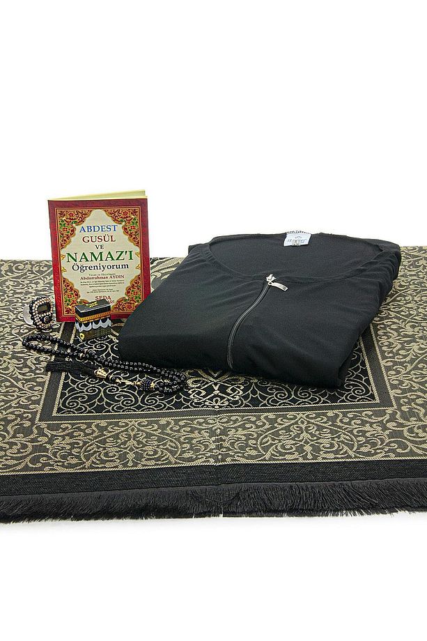 Siyah Kadın Pratik Başörtülü Fermuarlı Tek Parça Namaz Elbisesi Seccade Seti - 4