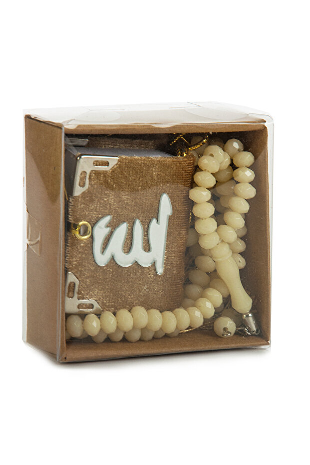 Velvet Covered Mini Quran Box - with Prayer Beads - Plexiglass - Gold