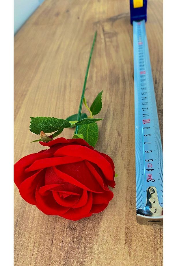 Yapay Kadife 1 Adet Kırmızı Gül 40cm Cansız Tek Dal Yapraklı Çiçek - 6